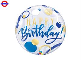 MYLAR HAPPY BIRTHDAY BUBBLES 22 BLU GOLD DOTS