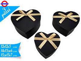 SET 3 SCATOLE CUORE NERO ORO POIS CON FIOCCO 15X15,5